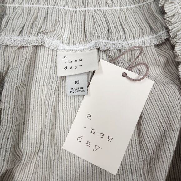 NWT A New Day Short Sleeve Smocked Yoke Top Sz. M Olive Green Stripe Cottagecore - Picture 9 of 12